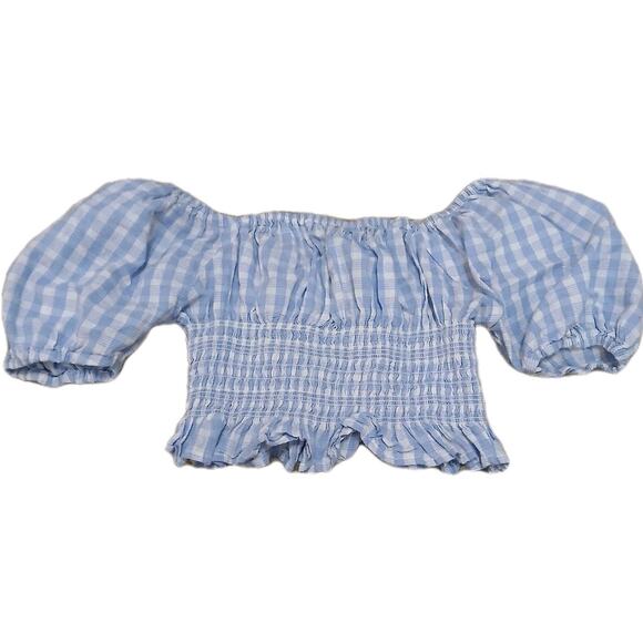 Japna Women’s Gingham Crop Peasant Top Size S Blue White Smocked Off Shoulder - Picture 1 of 7